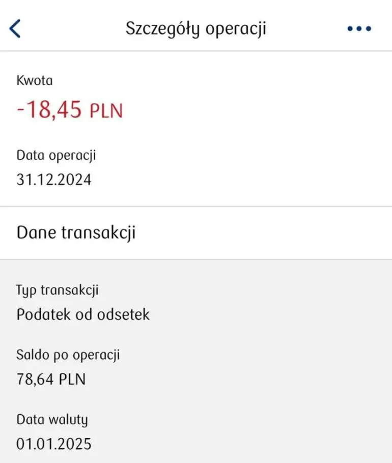 zrzut ekranu z aplikacji mobilnej IKO wskazujący podatek Belki w 2025 roku od konta oszczędnościowego