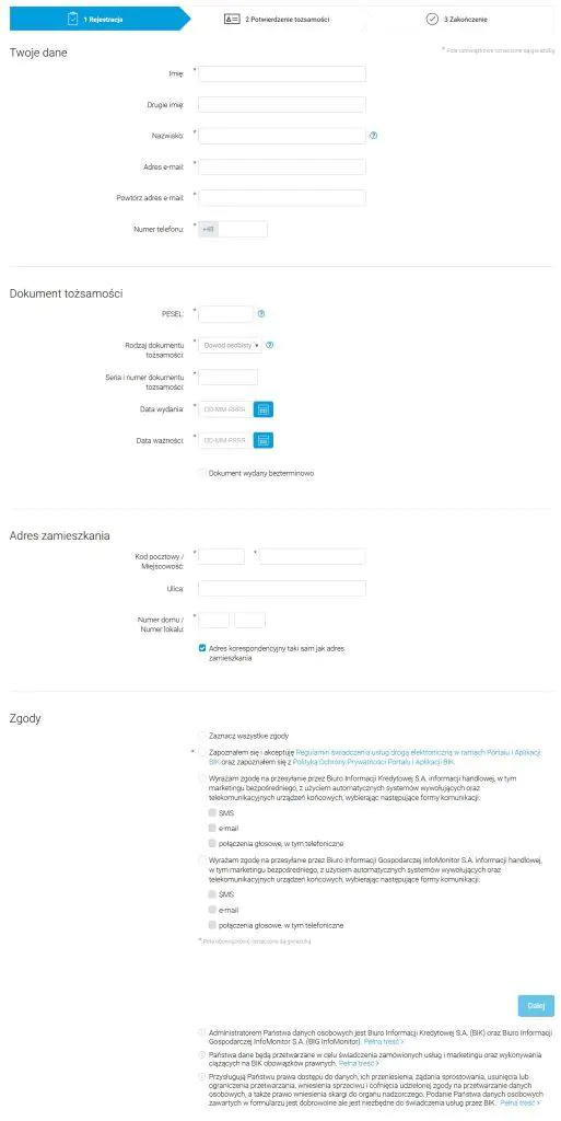formularz rejestracji w Portalu BIK