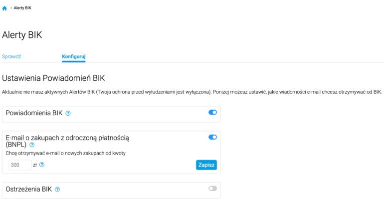 ekran konfiguracji Alertów BIK
