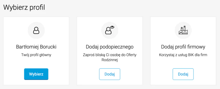 ekran wyboru profilu w portalu BIK