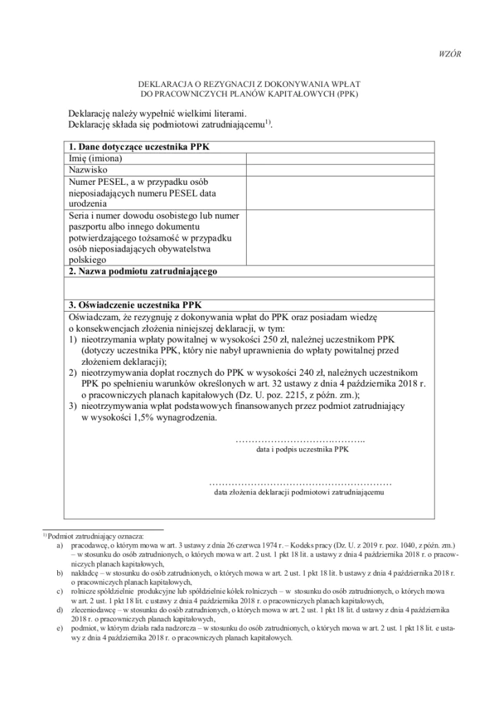rezygnacja z ppk wzór
