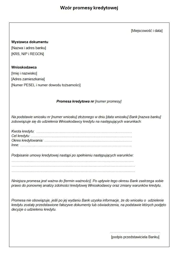 uniwersalny wzór promesy kredytowej