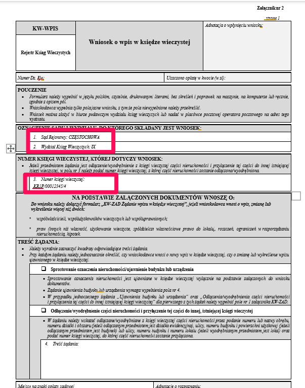 Wniosek o wpis w księdze wieczystej strona 1