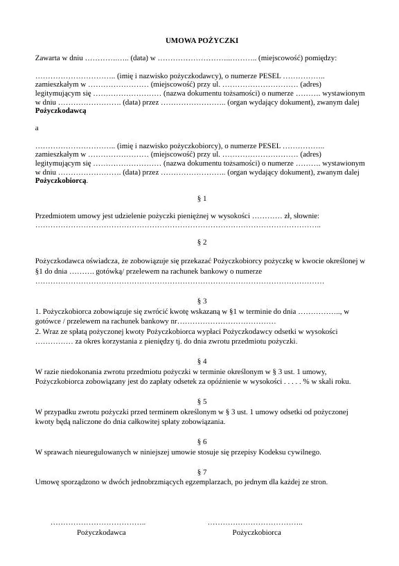 Umowa pożyczki prywatnej - wzór umowy