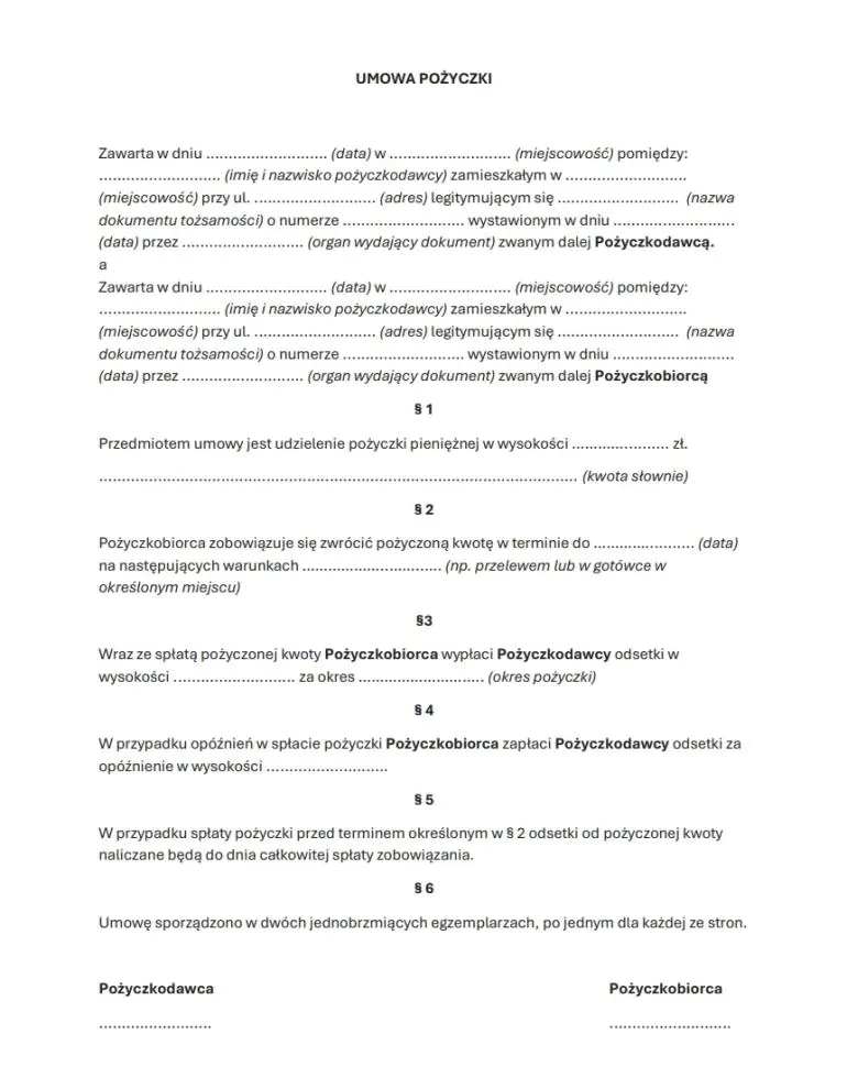 wzór umowy pożyczki prywatnej