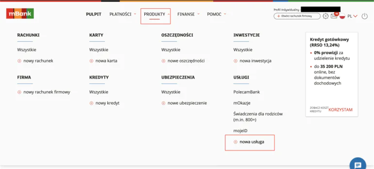 zrzut ekranu z usługi bankowości internetowej mBanku