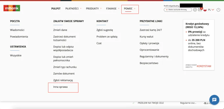zrzut ekranu z usługi bankowości internetowej mBanku