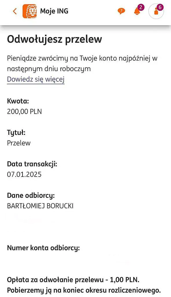 odwołanie przelewu ING Bank Śląski