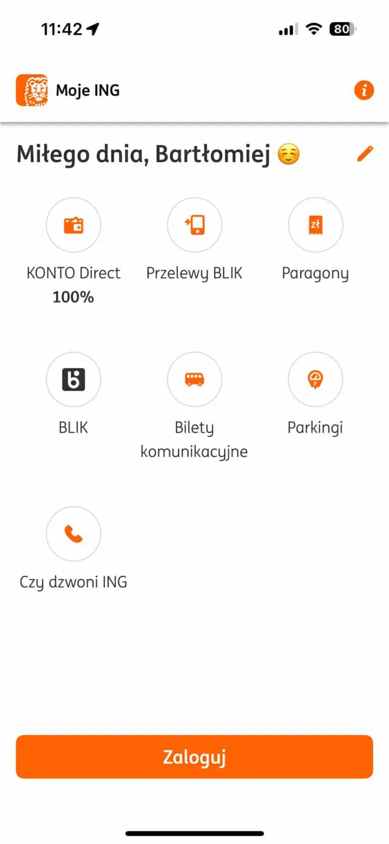ekran logowania do aplikacji mobilnej Moje ING