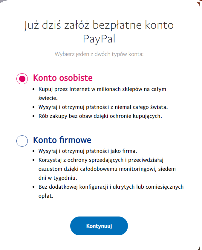 Pierwszy krok do założenia konta w Paypal