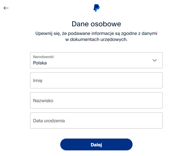 Szósty krok do założenia konta PayPal