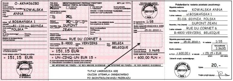 Wzór wypełnionego międzynarodowego przekazu pocztowego