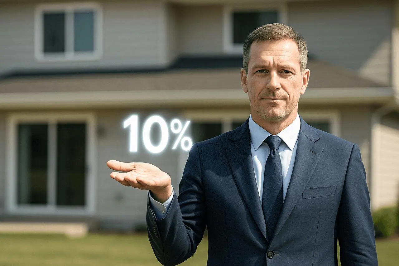 Bankier w ciemnym garniturze na tle domu. Nad otwartą dłonią symbol 10%.
