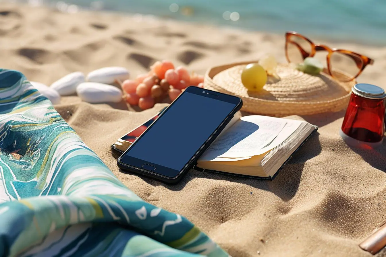 finansowe aplikacje mobilne, smartfon leży na plaży