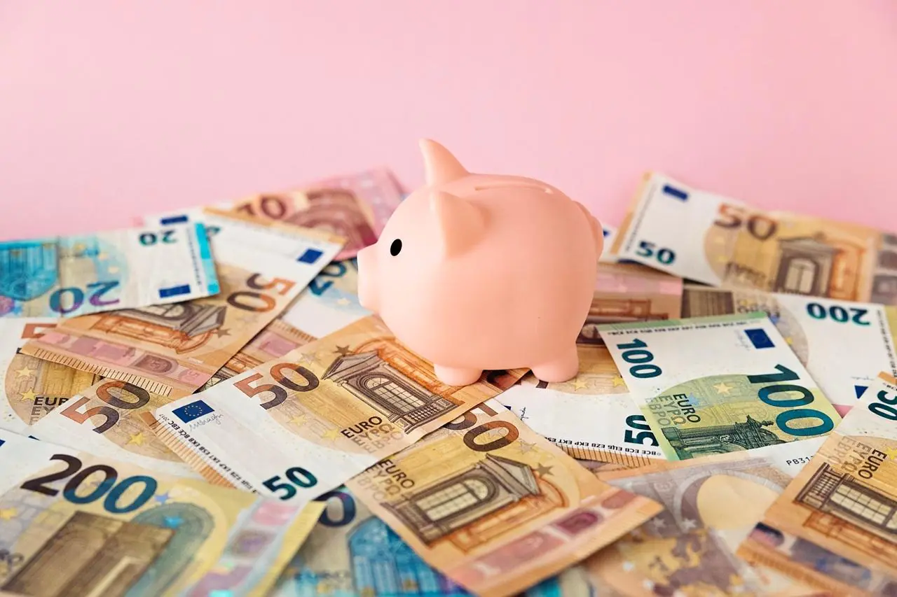 Różowa świnka skarbonka na stosie banknotów euro.