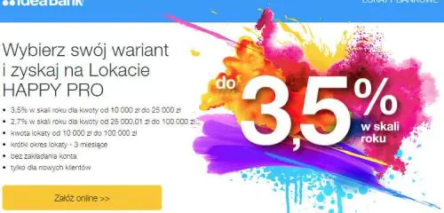 reklama lokaty happy pro białe 3,5% na tle różnokolorowej plamy