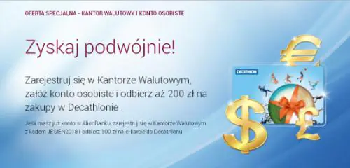 karta decathlon i złote symbole zagranicznych walut
