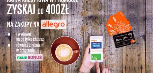 filiżanka kawy, smartfon w dłoniach i karta kredytowa bgż bnp paribas i bony Allegro