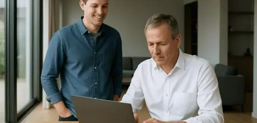 syn w niebieskiej koszuli stojący za ojcem, który loguje się do bankowości elektronicznej na laptopie, aby przelać pożyczkę na konto syna