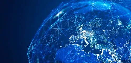 widok z kosmosu na kulę ziemską z widocznymi połączeniami obrazującymi system SWIFT