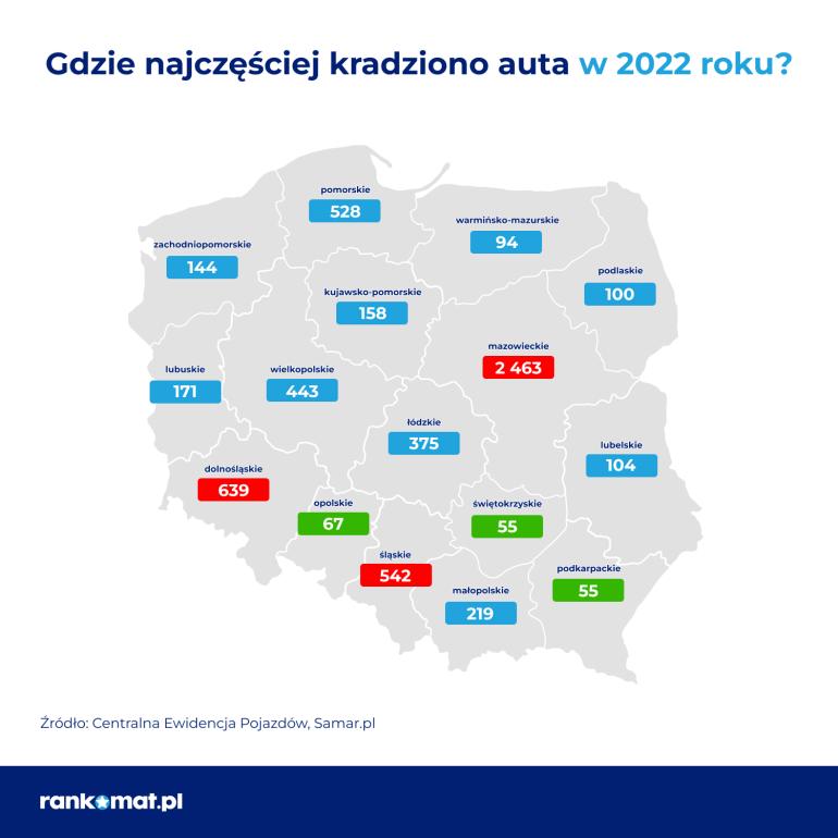 Kradzieże samochodów w 2022 roku - województwa