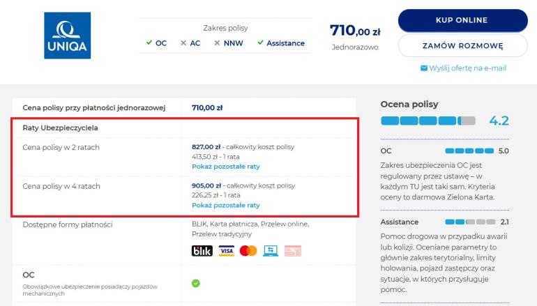 Szczegóły oferty - podział OC na raty