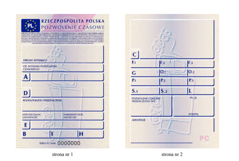 przód i tył tymczasowego dowodu rejestracyjnego