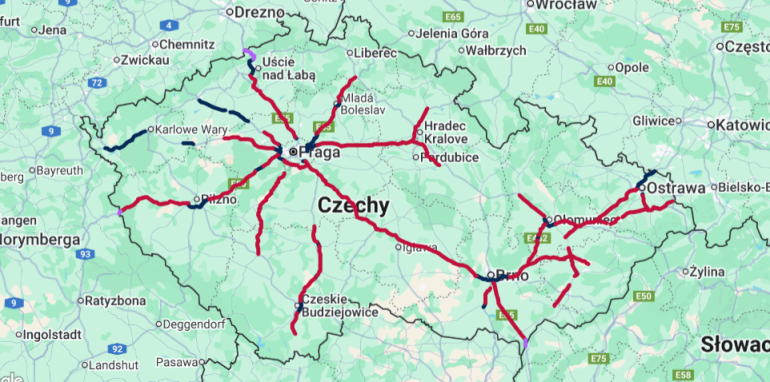 Mapa płatnych i bezpłatnych dróg w Czechach