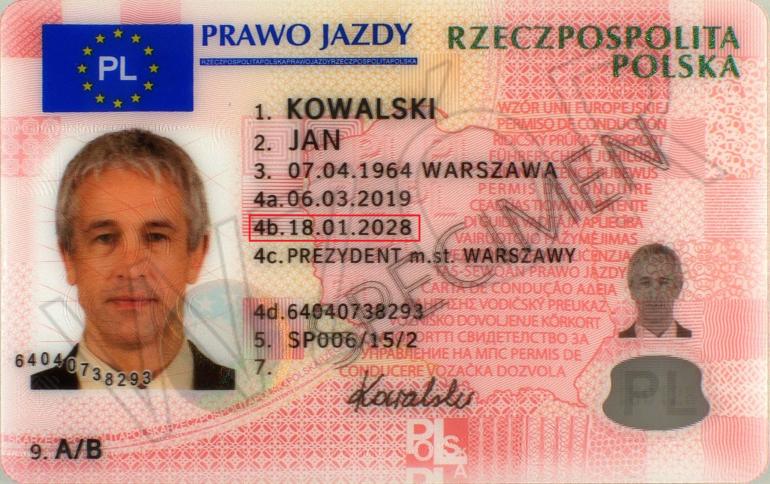 awers dokumentu prawa jazdy z zaznaczoną datą ważności