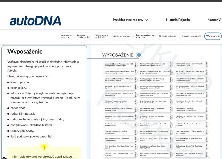 autoDNA przykładowy raport po VIN