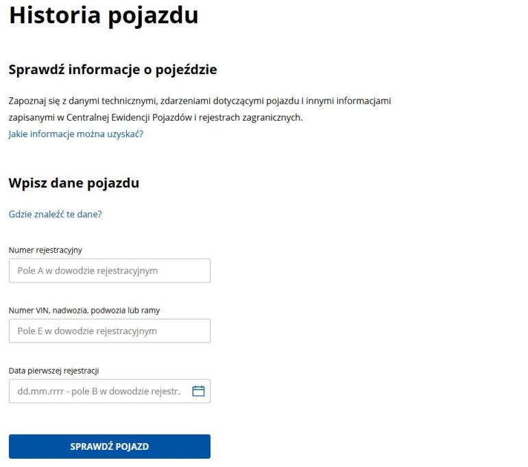 Widok formularza Historia Pojazdu ze strony www.gov.pl