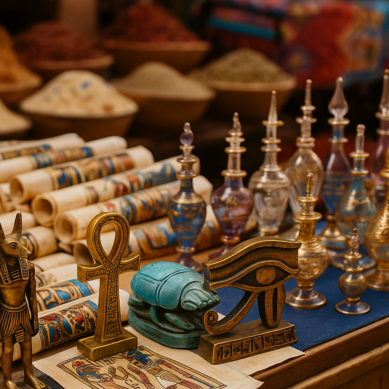 Egipskie amulety, perfumy i papirusy