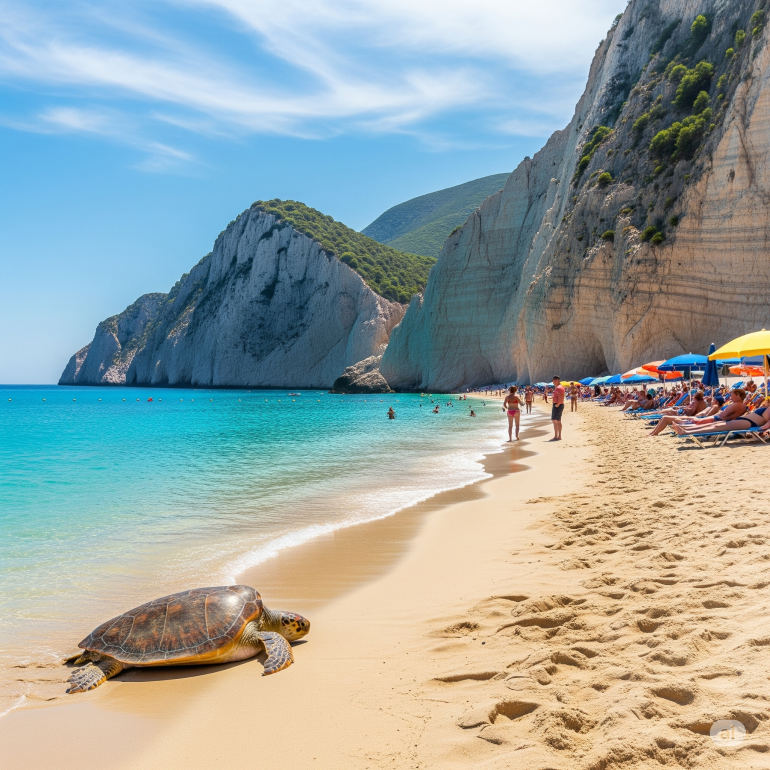 żółw wychodzący z wody na plaży w zakynthos