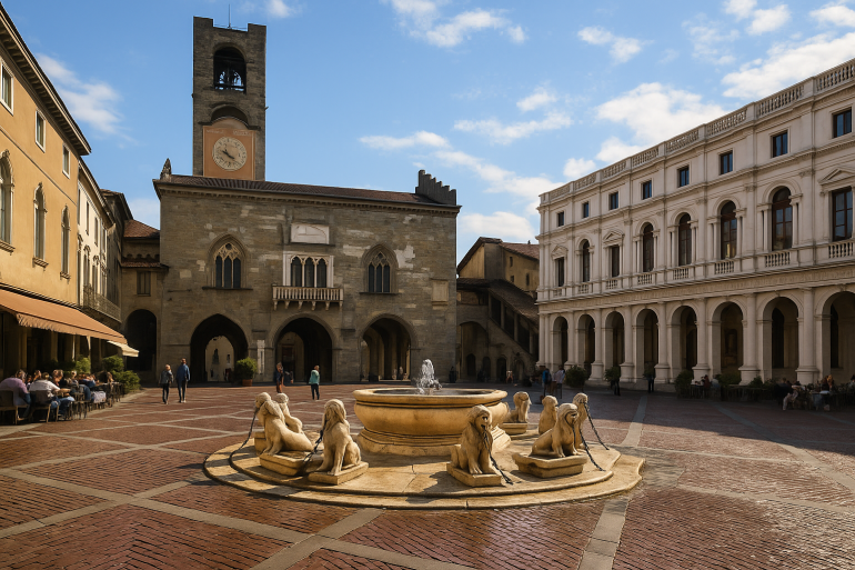 Piazza Vecchia i fontanna Contarini w Bergamo