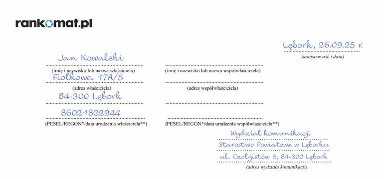 Zawiadomienie o zbyciu pojazdu – dane zbywcy i urzędu