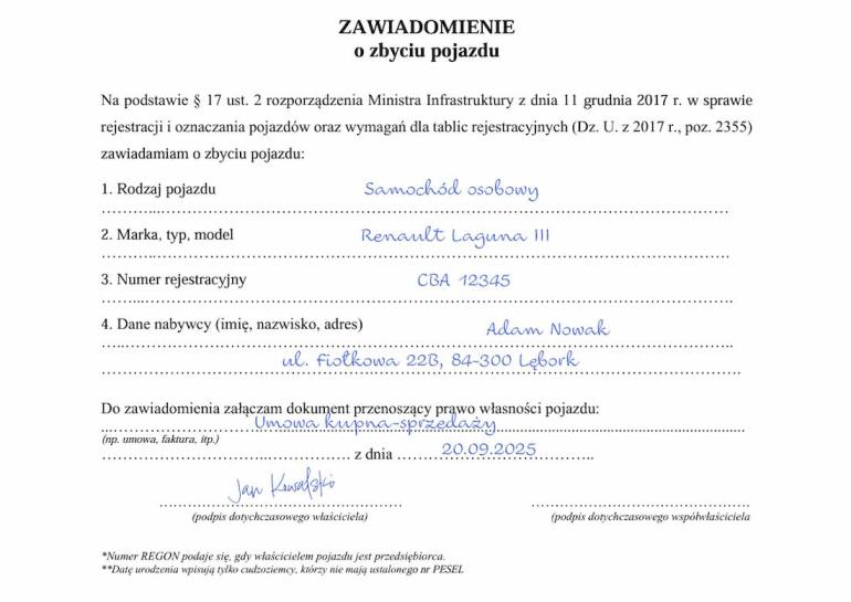 Zawiadomienie o zbyciu pojazdu – dane samochodu i nabywcy