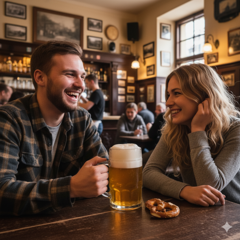 Wnętrze tradycyjnej czeskiej gospody. Mężczyzna i kobieta siedzą przy drewnianym stole, rozmawiają i śmieją się, a na stole stoi kufel piwa i precel. W tle kilku gości siedzi przy stolikach, a za barem widać butelki i ozdobne ramki na ścianach. Zdjęcie oddaje przyjazną, luźną atmosferę spotkań przy czeskim piwie.