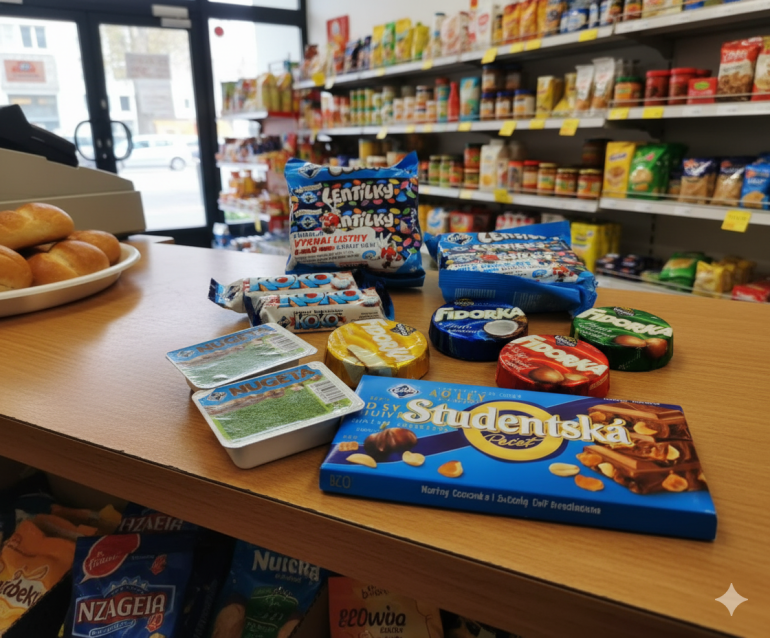 Na ladzie w czeskim sklepie spożywczym wyłożono charakterystyczne lokalne słodycze, m.in. czekoladę Studentská, wafelki Fidorka, batony Koko i Lentilky. W tle widać regały z różnymi produktami spożywczymi i pieczywem przy kasie. Zdjęcie ilustruje, co można kupić w Czechach jako popularne przekąski i pamiątki.