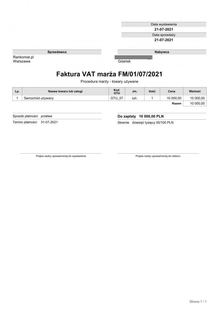 faktura vat za zakup używanego samochodu - marża