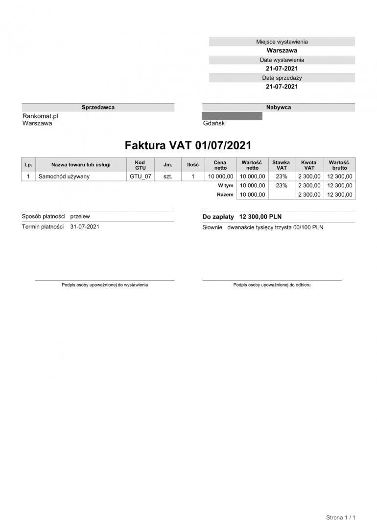 faktura vat za zakup używanego samochodu