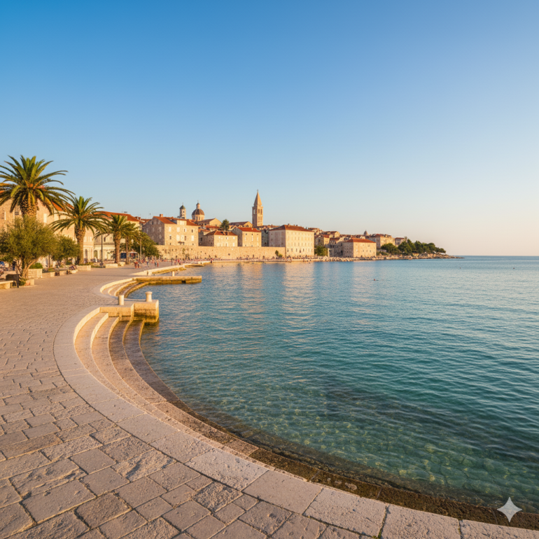 Zdjęcie przedstawia nadmorską promenadę w Zadarze w Chorwacji, sfotografowaną o zachodzie słońca. Na pierwszym planie widać szerokie kamienne schody schodzące do spokojnej, błękitnej wody Morza Adriatyckiego. Wzdłuż promenady rosną palmy i drzewa oliwne, a w tle rozciąga się panorama zabytkowego centrum miasta z jasnymi kamiennymi budynkami i charakterystycznymi wieżami kościołów. Całość oświetlona jest ciepłym, złotym światłem popołudniowego słońca, które podkreśla kolory kamienia i błękit nieba. Scena jest spokojna i harmonijna, oddająca śródziemnomorski klimat Zadaru.