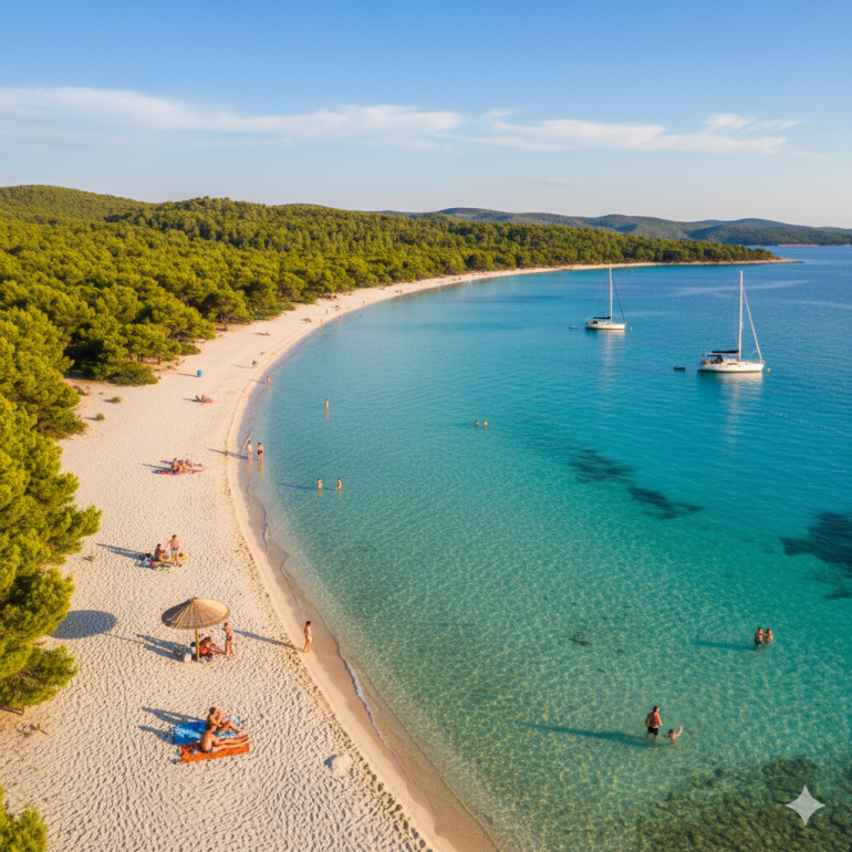 Zdjęcie przedstawia plażę Sakarun w Chorwacji, położoną na wyspie Dugi Otok w pobliżu Zadaru. Ujęcie z lotu ptaka pokazuje długą, półkolistą linię brzegową z białym, drobnym piaskiem i turkusową, krystalicznie czystą wodą Morza Adriatyckiego. Wzdłuż plaży rośnie gęsty las sosnowy, który zapewnia naturalny cień. Na plaży odpoczywają turyści — niektórzy leżą na ręcznikach, inni spacerują brzegiem morza lub kąpią się w płytkiej wodzie. Na spokojnej tafli morza zakotwiczone są dwa białe jachty. Cała scena jest oświetlona ciepłym, popołudniowym słońcem, a w oddali widać zielone wzgórza i błękitne niebo bez chmur.