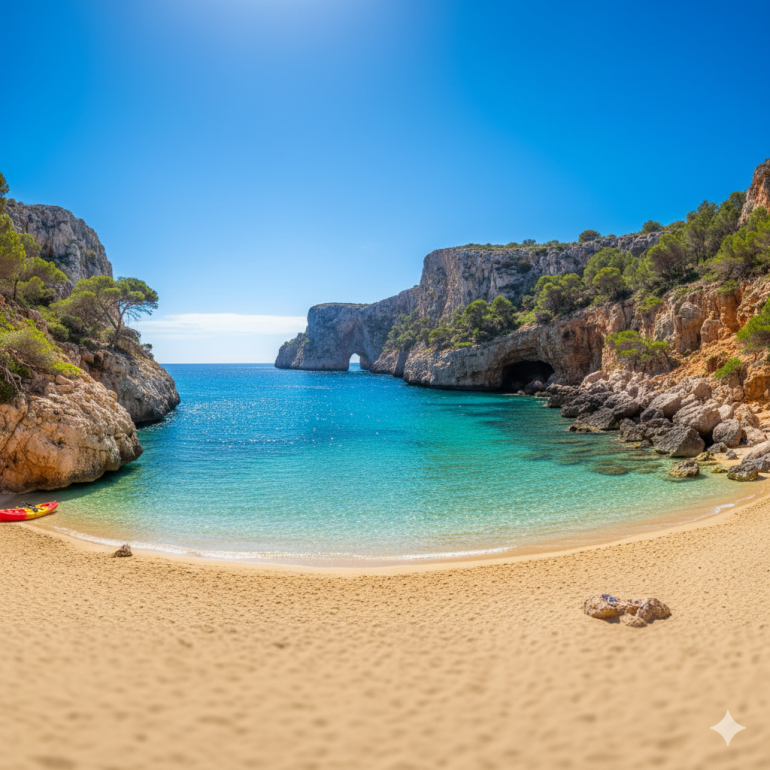 Zdjęcie przedstawia plażę Cala Varques na Majorce w słoneczny dzień. Na pierwszym planie widać jasny, drobny piasek, który łagodnie schodzi do turkusowej wody Morza Śródziemnego. Po bokach plażę otaczają skaliste klify porośnięte sosnami, tworzące naturalną zatokę. W tle widoczny jest charakterystyczny skalny łuk z otworem, przez który prześwieca błękit morza i nieba. Woda jest przejrzysta, a jej kolor przechodzi od jasnozielonego przy brzegu do intensywnie niebieskiego dalej od plaży. Cała scena emanuje spokojem i dzikim pięknem śródziemnomorskiego krajobrazu.