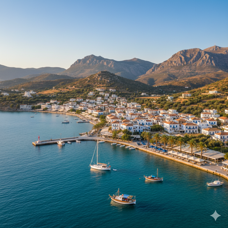 Nadmorskie miasteczko na wyspie Samos w Grecji. Widok z lotu ptaka ukazuje port z zacumowanymi jachtami i łodziami rybackimi, promenadę z palmami oraz białe budynki z czerwonymi dachami położone u podnóża gór. W tle widać skaliste wzgórza oświetlone ciepłym, popołudniowym słońcem, a morze ma głęboki, turkusowy kolor.