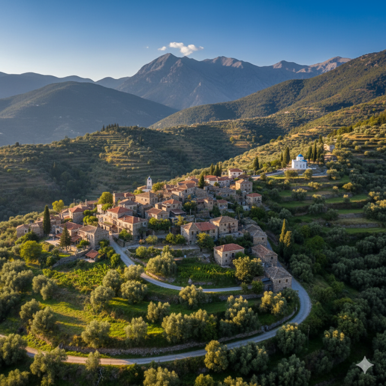Górska wioska na wyspie Samos w Grecji. Na zdjęciu widać kamienne domy z czerwonymi dachami rozmieszczone na tarasowych zboczach porośniętych gajami oliwnymi. W tle wznoszą się wysokie, zalesione góry oświetlone popołudniowym słońcem. Pośród zabudowań wyróżnia się biała cerkiew z niebieską kopułą oraz dzwonnica. Nad wioską rozpościera się czyste, błękitne niebo.