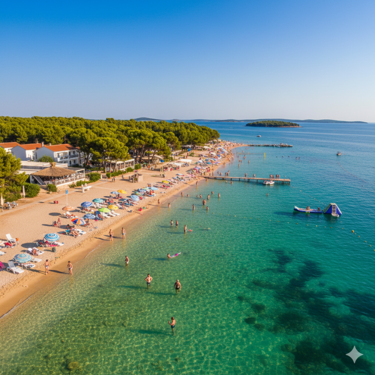 Na zdjęciu widać szeroką, piaszczysto-żwirową plażę Slanica na wyspie Murter w Chorwacji. Plaża jest wypełniona turystami wypoczywającymi pod kolorowymi parasolami i kąpiącymi się w płytkiej, turkusowej wodzie Adriatyku. W tle rośnie pas zielonych sosen, a wzdłuż wybrzeża stoją niskie budynki z czerwonymi dachami — restauracje i pensjonaty. W oddali widać małą wysepkę na spokojnym morzu pod błękitnym, bezchmurnym niebem.