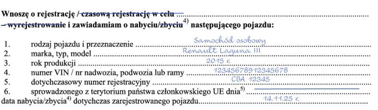 Rejestracja samochodu na firmę, wniosek - dane pojazdu