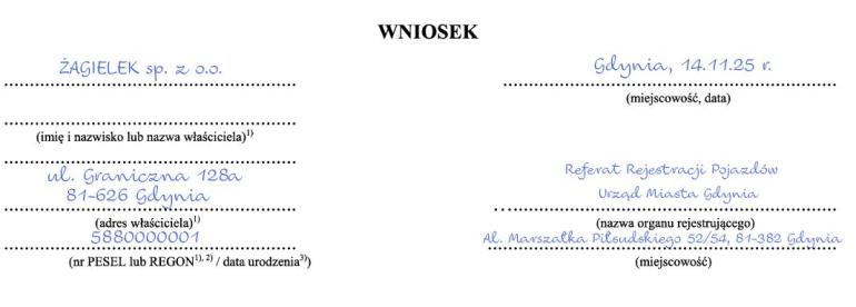 Rejestracja samochodu na firmę, wniosek - dane firmowe