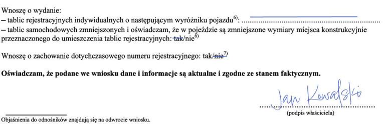 Rejestracja samochodu na firmę, wniosek - oświadczenie i podpis