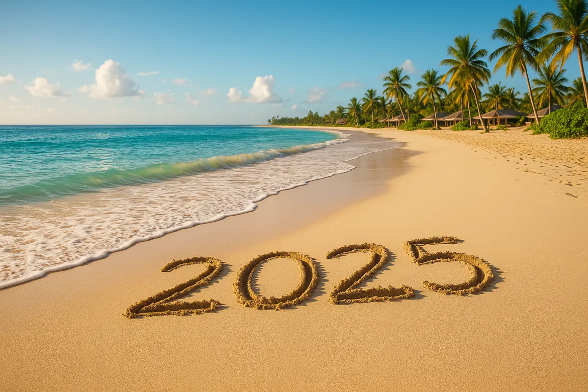 plaża, wakacje, na piasku napis 2025
